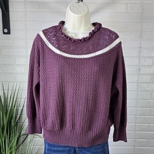 Vintage Keren Purple Ruffle Collar Waffle Knit Sweater Medium